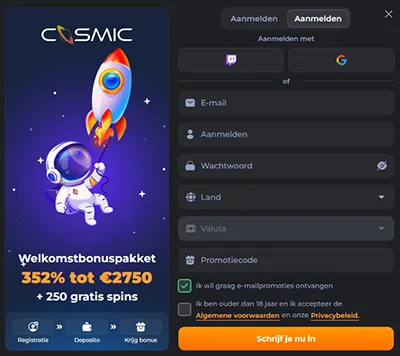 Konto registreren en stortingsmethoden bij CosmicSlot Casino Nederland