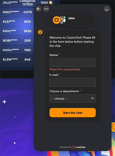 24/7 live chat ondersteuning bij CosmicSlot Casino