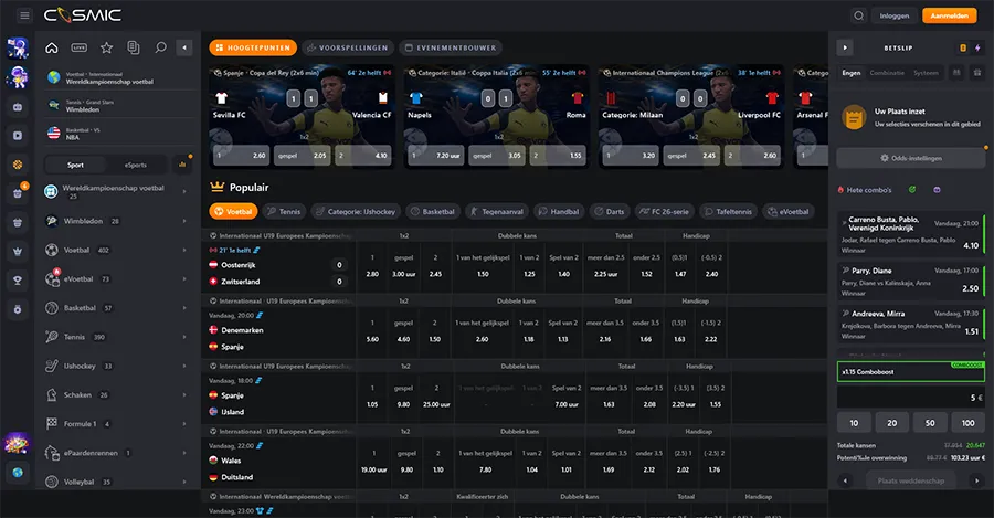 Live sportweddenschappen in realtime bij CosmicSlot Casino