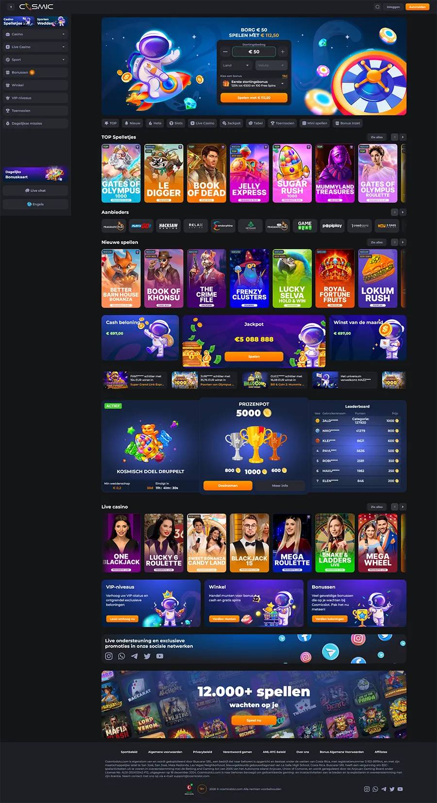 Compact overzicht van de hoofdrubrieken van CosmicSlot Casino
