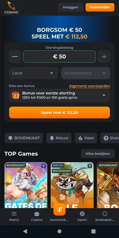 Geoptimaliseerde mobiele versie van de CosmicSlot Casino-website